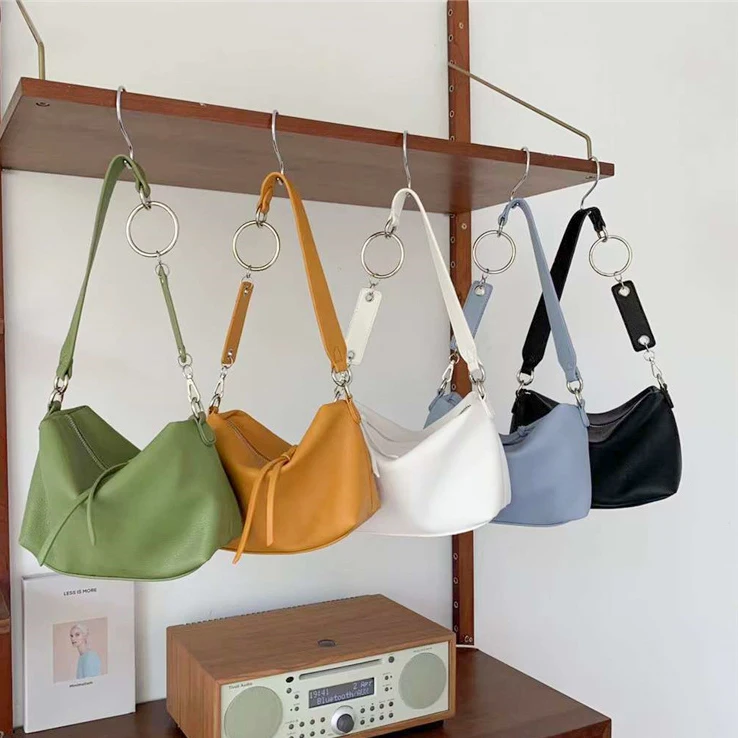 

2021 Women Hot Korean Retro Soft PU Solid Color Baguette Underarm Hobo Pillow Bag