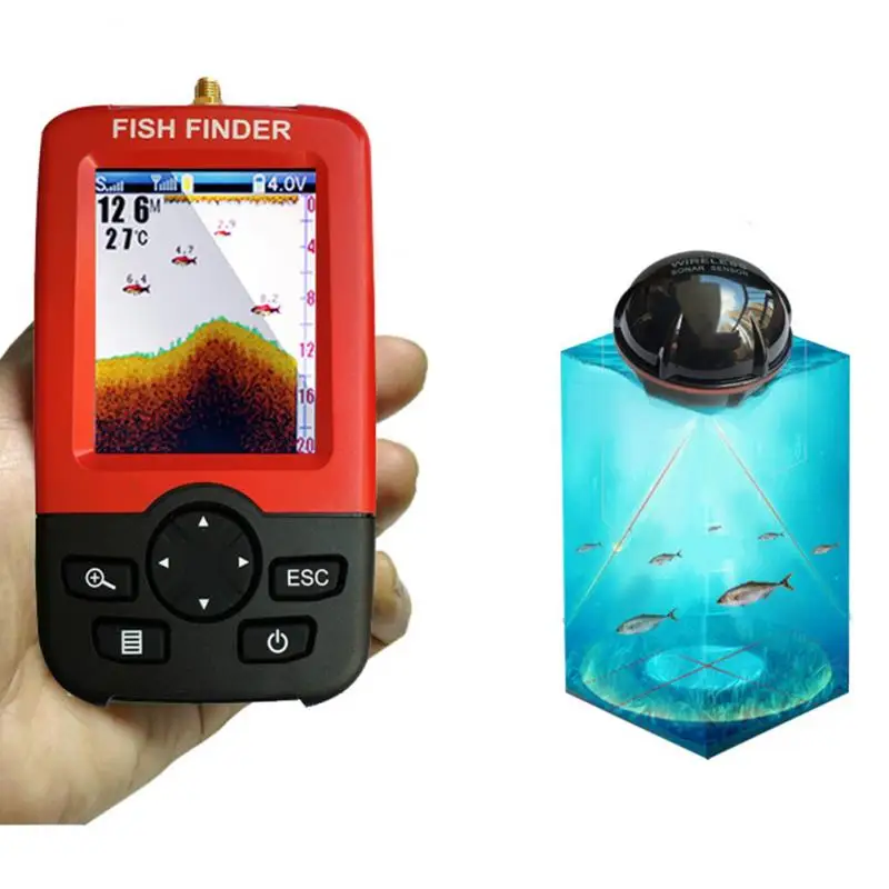 

Portable Depth Fish Finder with 100M Sonar Sensor Echo Sounder Wireless Depth Finder Fishing Lure Echo Sounder Alarma Pesca, Red