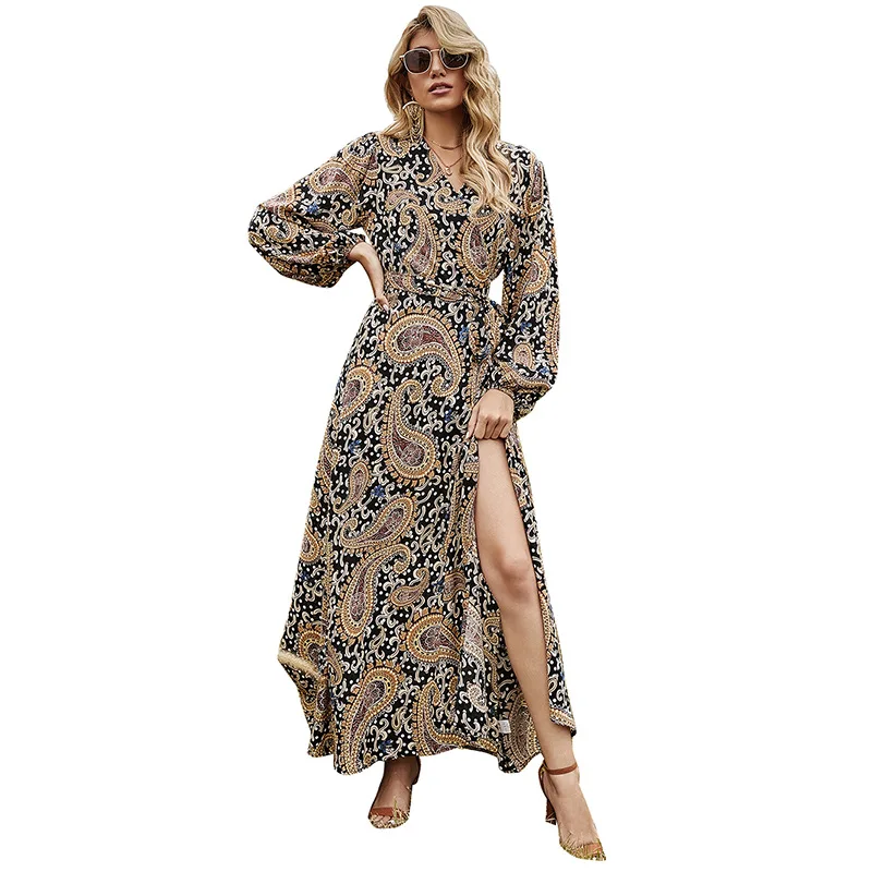 

2021 New Women Elegant Bohemai Floral Maxi Dress Lady Autumn Causual Long Sleeve High Waish Split Dresses Clothes, Black