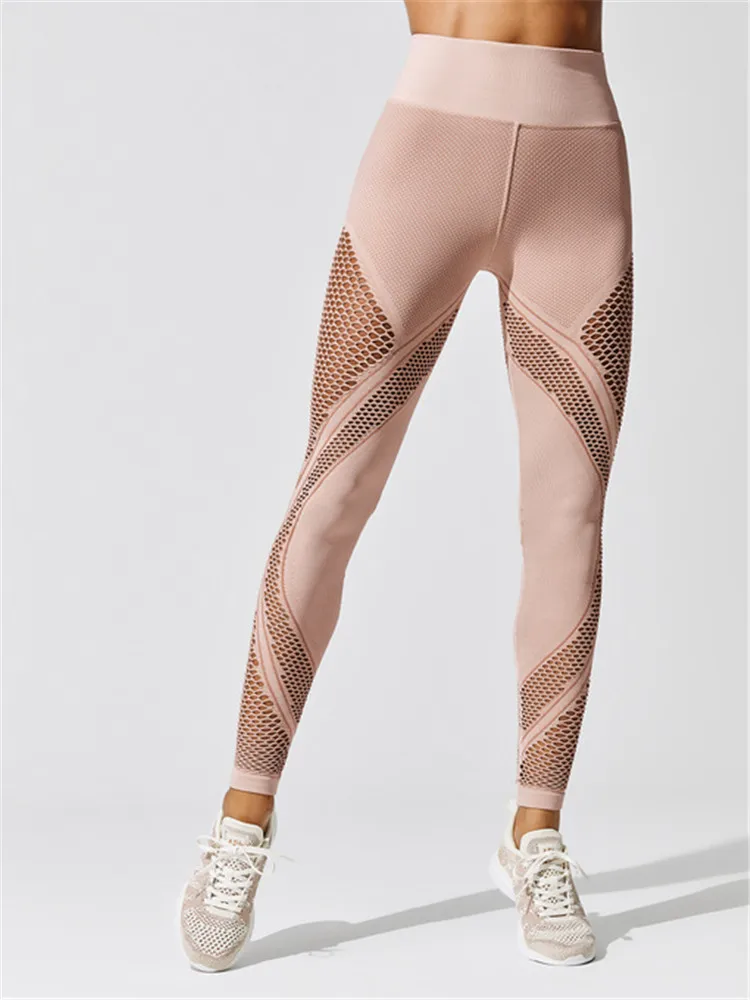 New Design Hign Quality Hollow Mesh Yoga Pant Pink Gym Leggings Female
