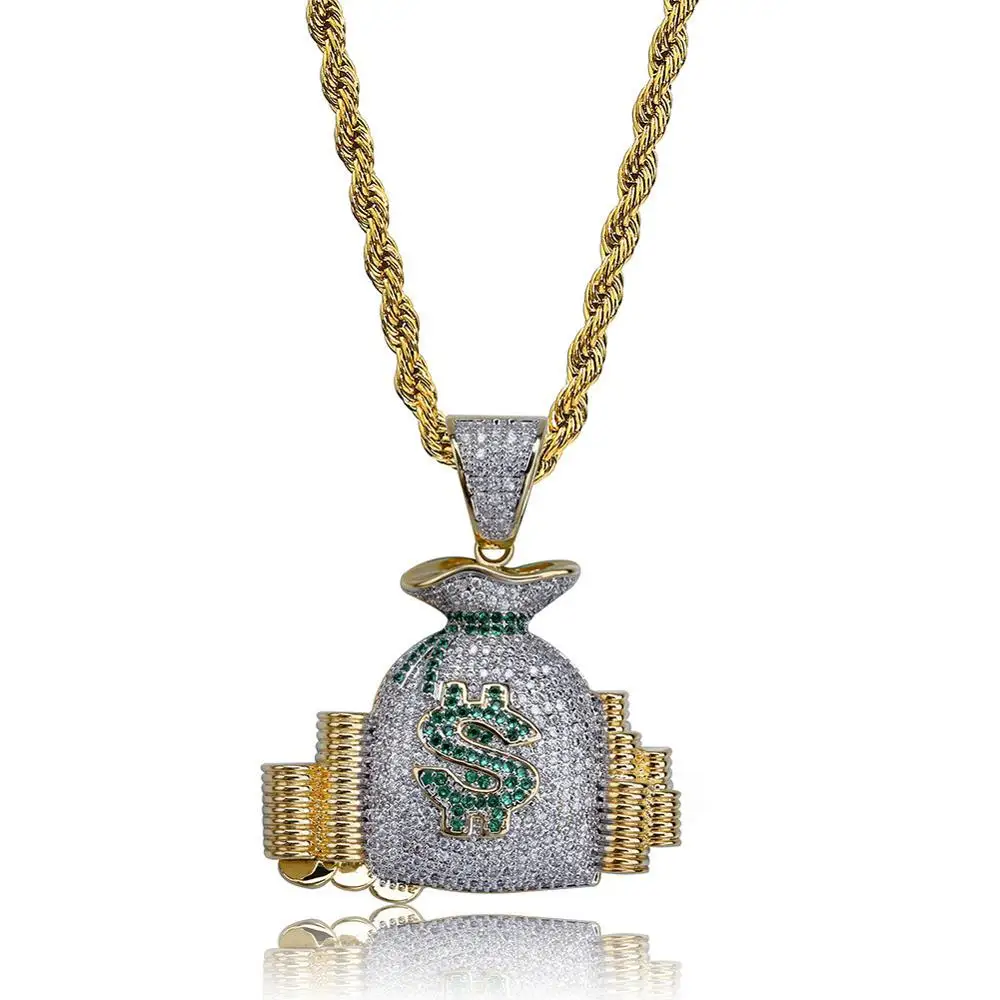 

Hip Hop Dollar Sign Money Bag Pendant Micro Pave Zircon Men's Necklace, As shown in the picture
