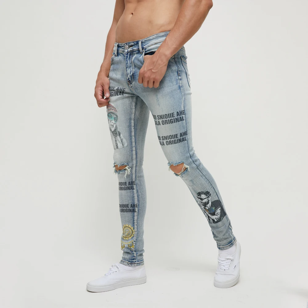 DiZNEW Custom Digital Print Brand logo Fashion Mens Jeans Wholesales Slim Light Blue Distressed Wash Denim Pants manufacture