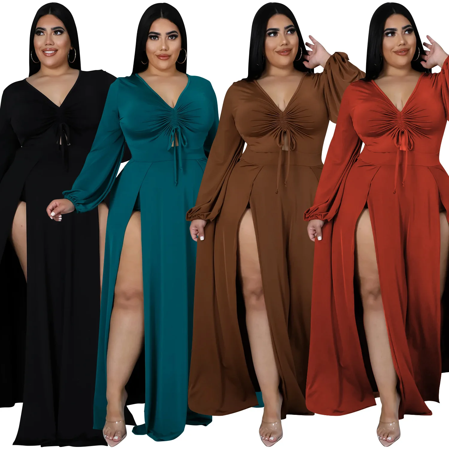 

Fashion Solid Drawstring V Neck Maxi Casual Dress Ladies High Slit Sexy Long Club Party Prom Dress Plus Size Women Evening Gown, Orange , brown , green , black