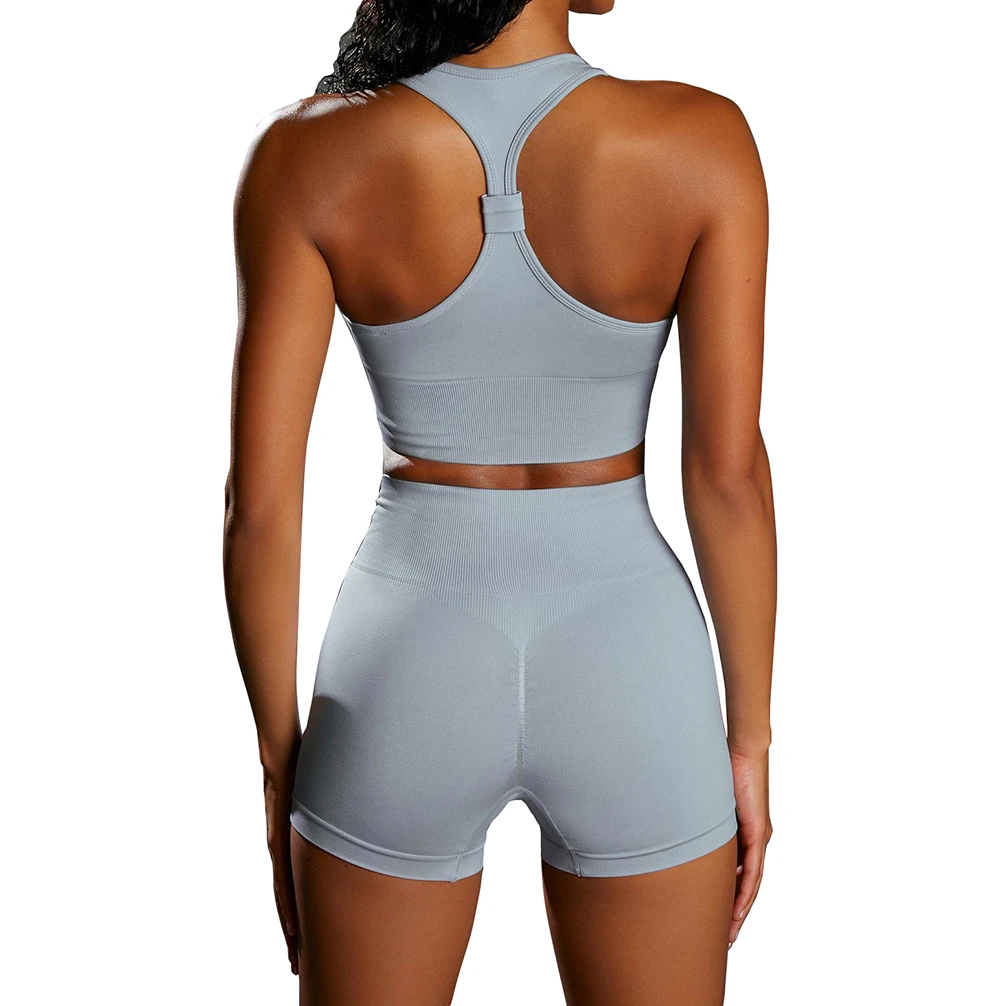 

Women High Waist Soft Compression Seamless Ribbed Scrunch Back Yoga Shorts and Bra Set