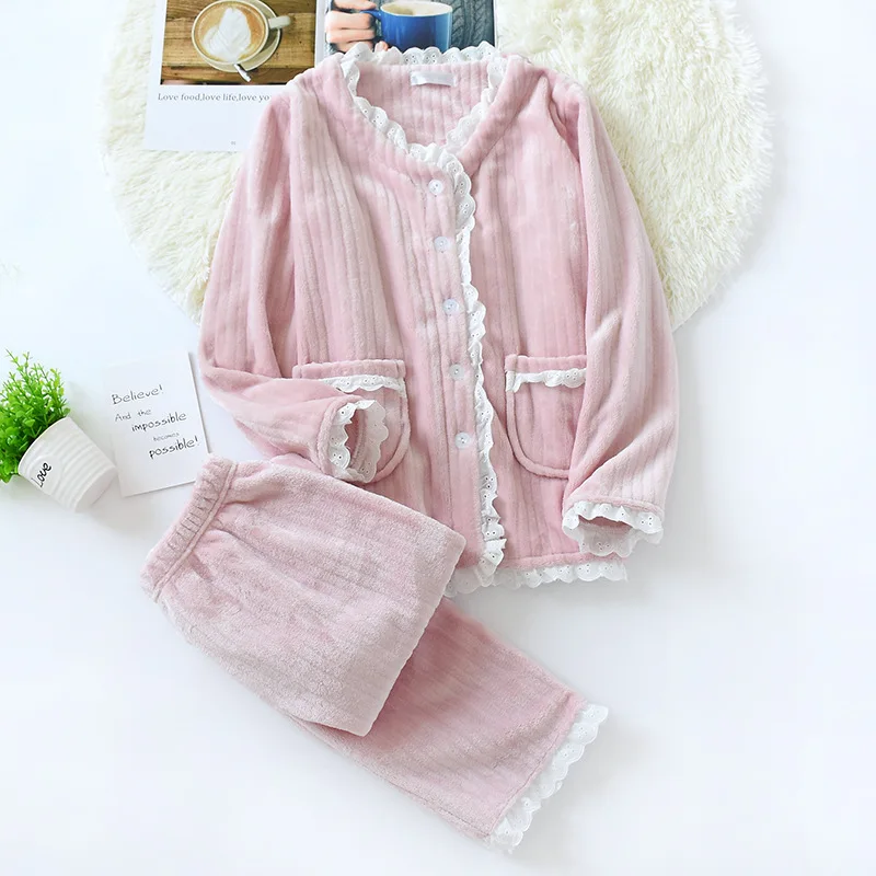 

JULY'S SONG New Fashion Warm Flannel Pajamas Set Women Winter Autumn Nightwear Homewear Lace Pink Pajamas Thick Warm Sleepwear, Blue pink