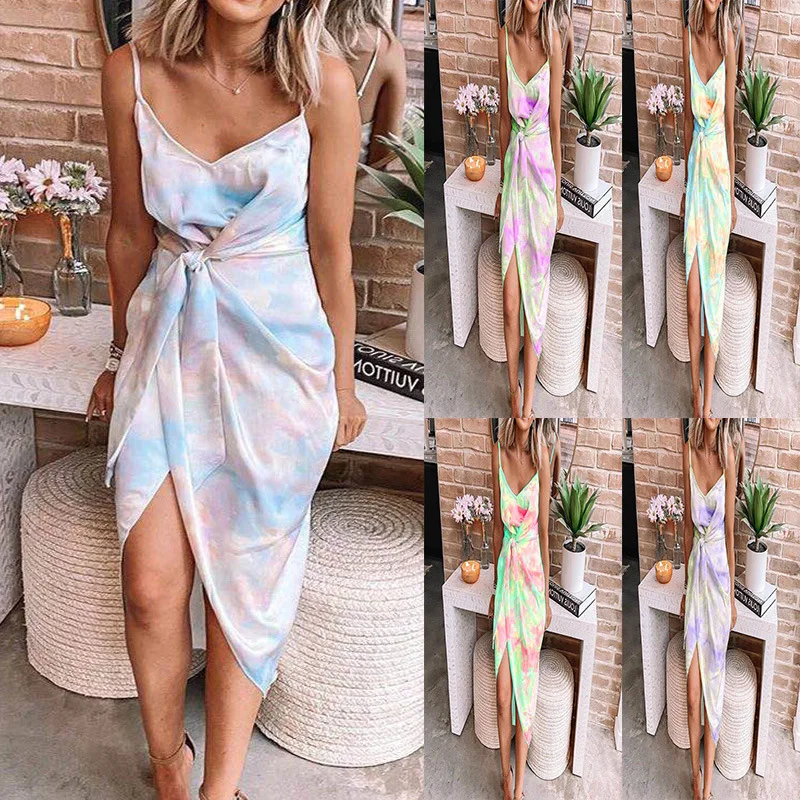 

Amazon Europe and the United States cross-border 2021 summer burst models irregular tie-dye halter dress dress women's clothing, As pictures