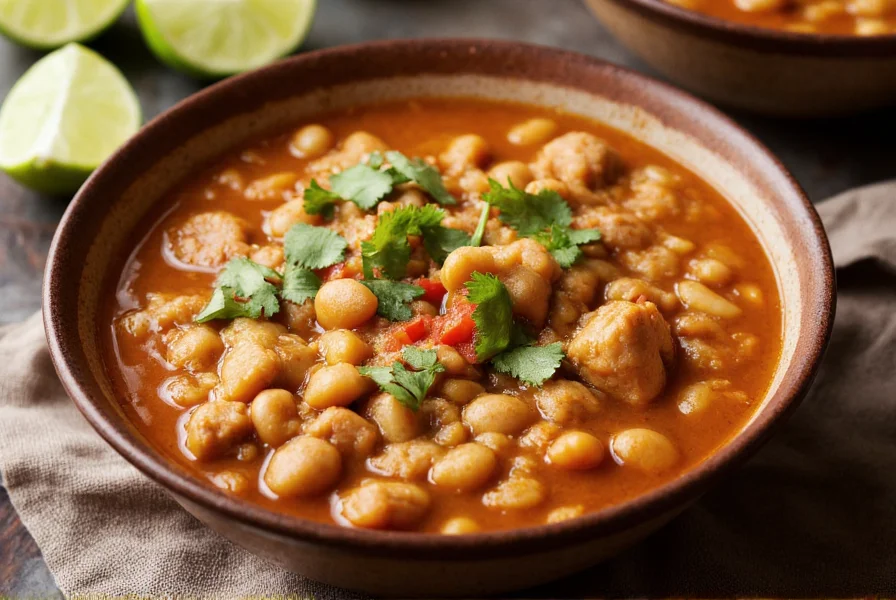 Perfectly cooked chicken chili with white beans in a ceramic bowl, garnished with fresh cilantro and lime wedges, steaming hot