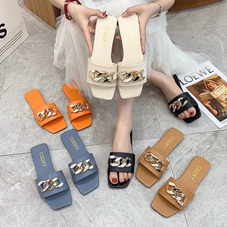 

Cute 2021 Women Summer Slipper Square Toe Chain Slippers Slip on Flat Slide Sandals Beach Flip Flops Casual Shoe Ladies Big Size