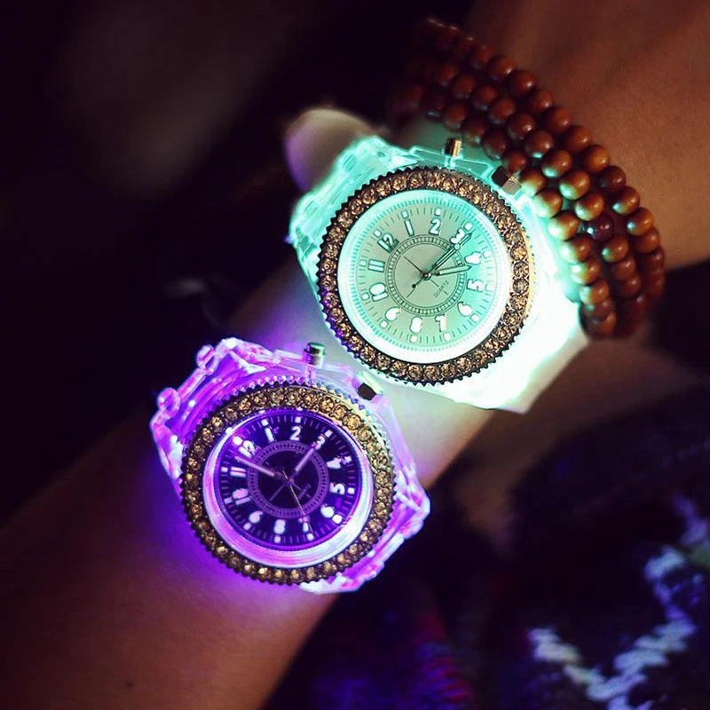 

Women Quartz Watch Silicone Wristwatches Glowing Relojes Mujer Luminous LED Sport Watches, Blue,green,pink