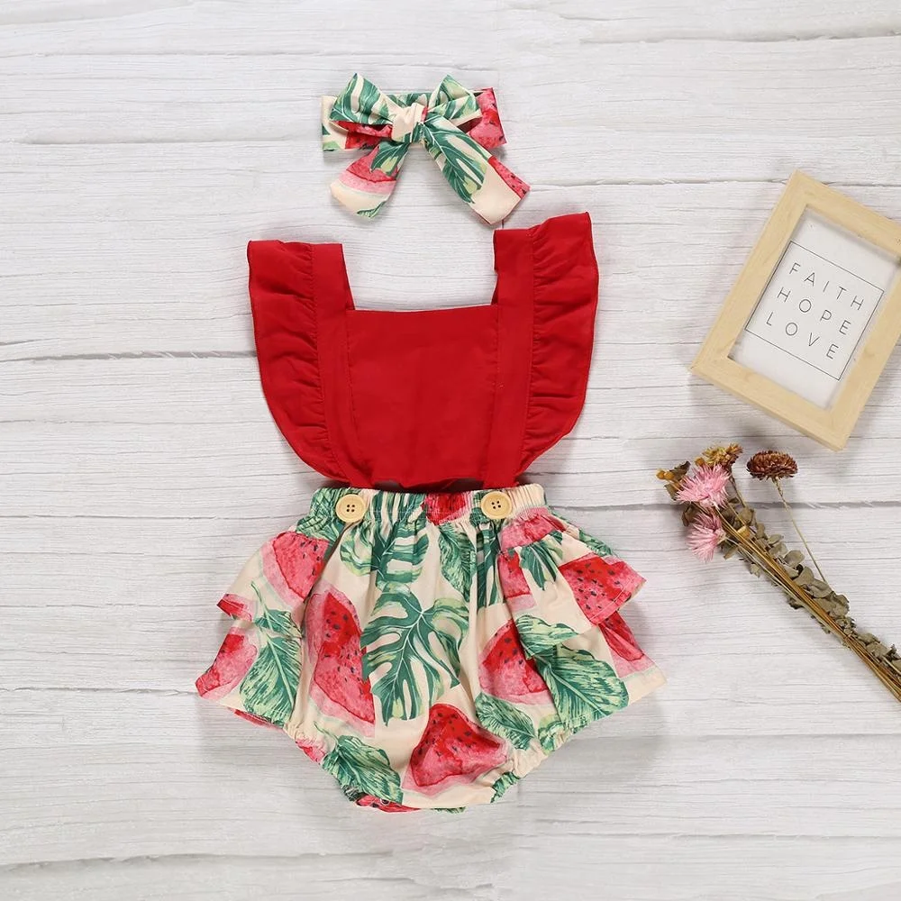 

summer infant baby girl summer romper toddler kids watermelon print suspender bodysuit with headband 2pcs outfits, As picture