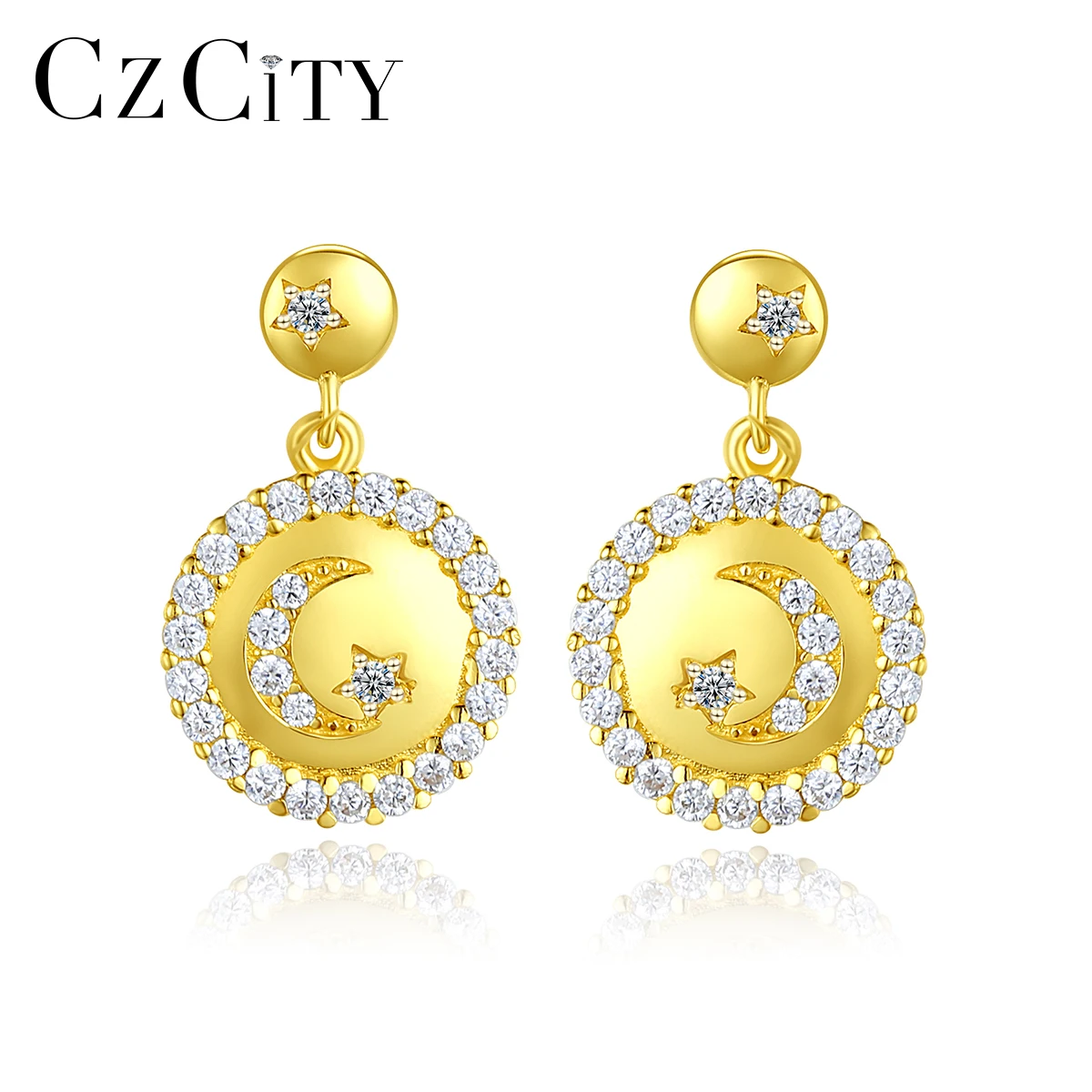 

Wholesale Earring 14K Gold Plated Over S925 Sterling Silver Circle Drop Earring CZ Moon Star Jewelry for Women Dainty Wear