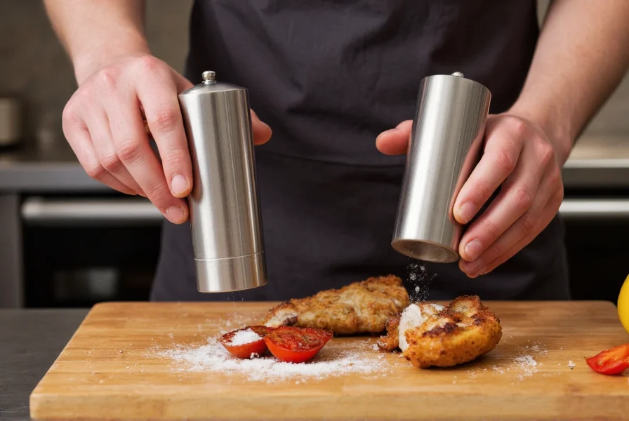 Close-up of hands using a high-quality salt grinder and pepper mill during food preparation