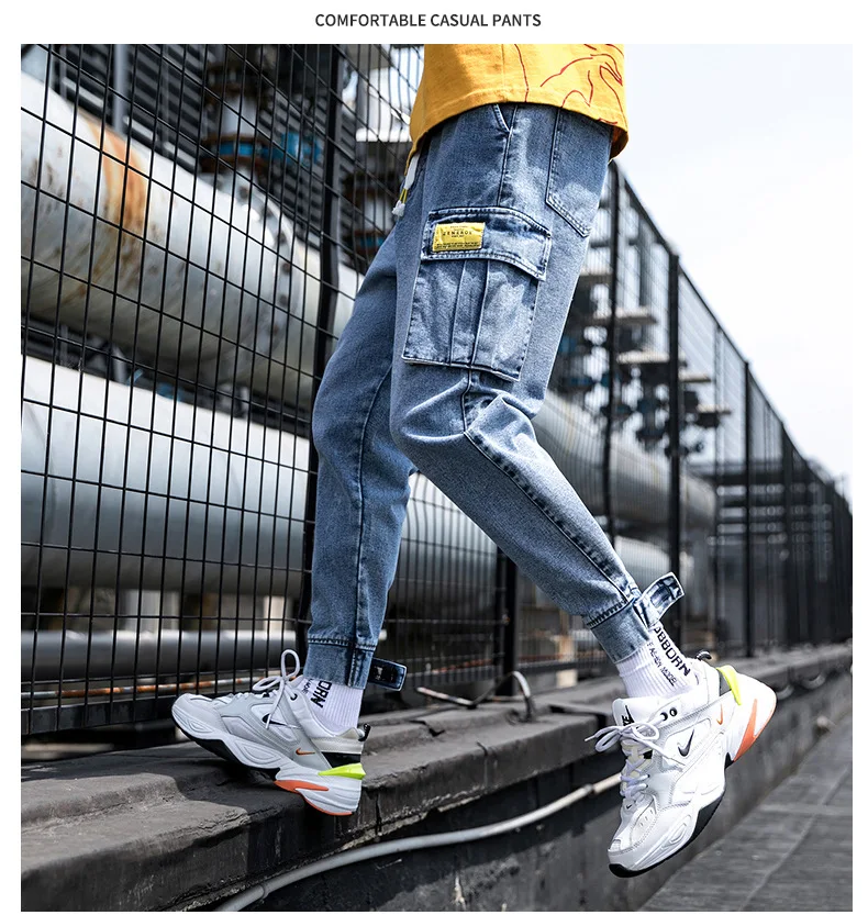 

New designs cargo denim pant denim fabrics jeans side pocket jean men boy pants korean hip hot street boy denim jean, Picture