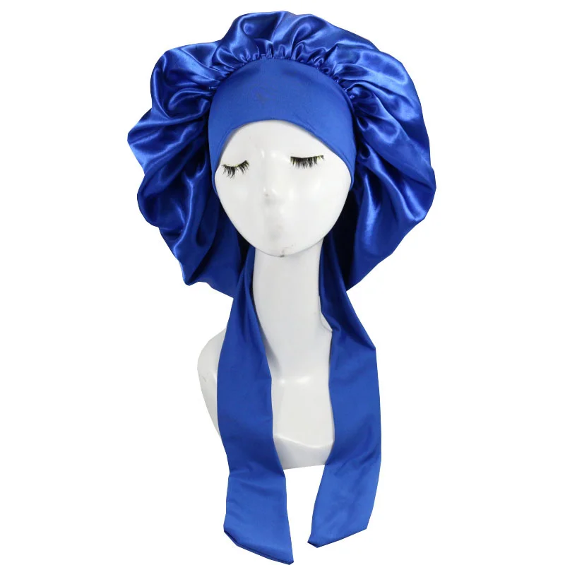 

Custom Logo woman extra large satin Hair bonnet with wrap sleeping Bonnets with belt band tails Silk tie bonnet For Curly Hair