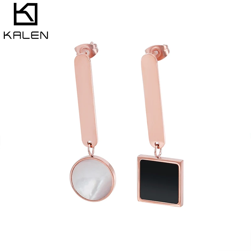 

New Design Geometric Metal Earrings Rose Gold Color Women Asymmetric Square Circle Long Stainless Steel Earrings, Silver/gold