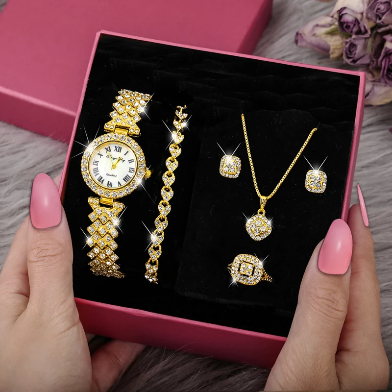 

17KM New Luxury Watch Jewelry Set fashion Women Crystal Watches Bracelet Earring Necklace Set