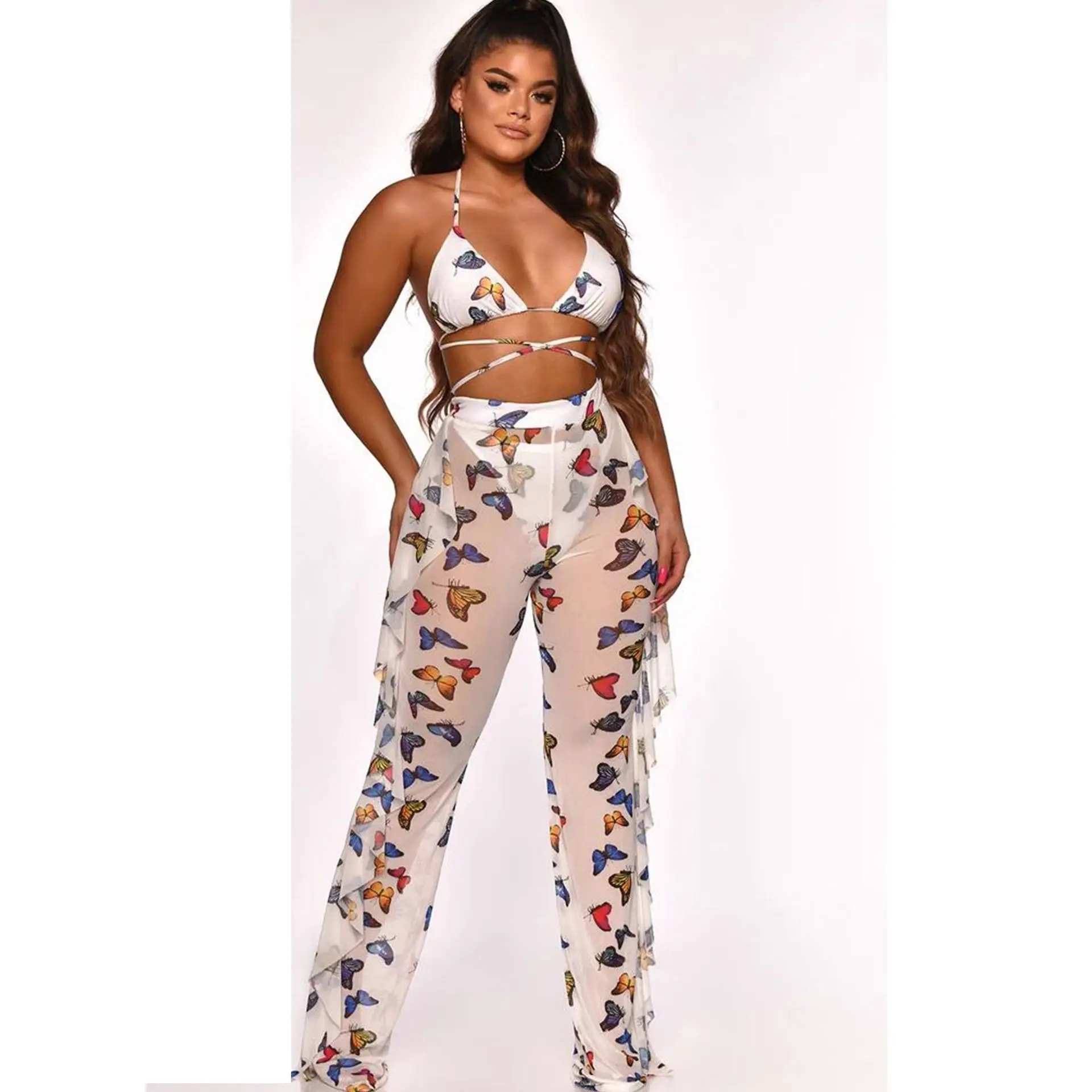 

2021 summer stylish woman sexy bra and ruffle pants mesh two piece set beachwear