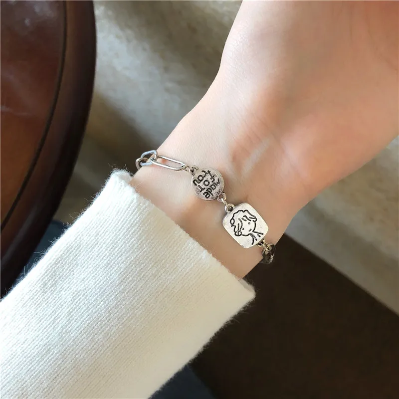 

JUHU fashion Cute villain lettering bracelet female simple wild cartoon alloy jewelry women bracelet wholesale, Sliver