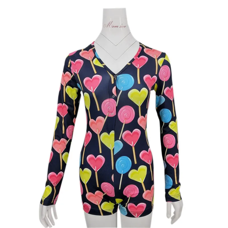 

New one-piece print one-piece neck tight sexy fashion women's one-piece pajamas pajama one-piece suit, As picture shows
