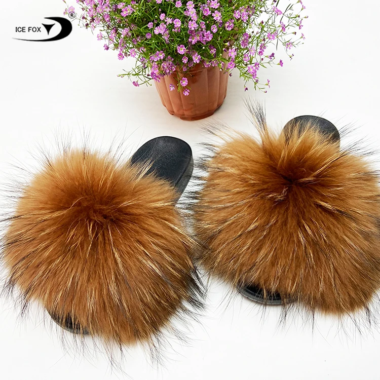 

Girl Flip Flops Raccoon Fluffy Cute Flats Beach Summer Children Slides Real Fox fur Slippers Kids Fur Slides, Customized color