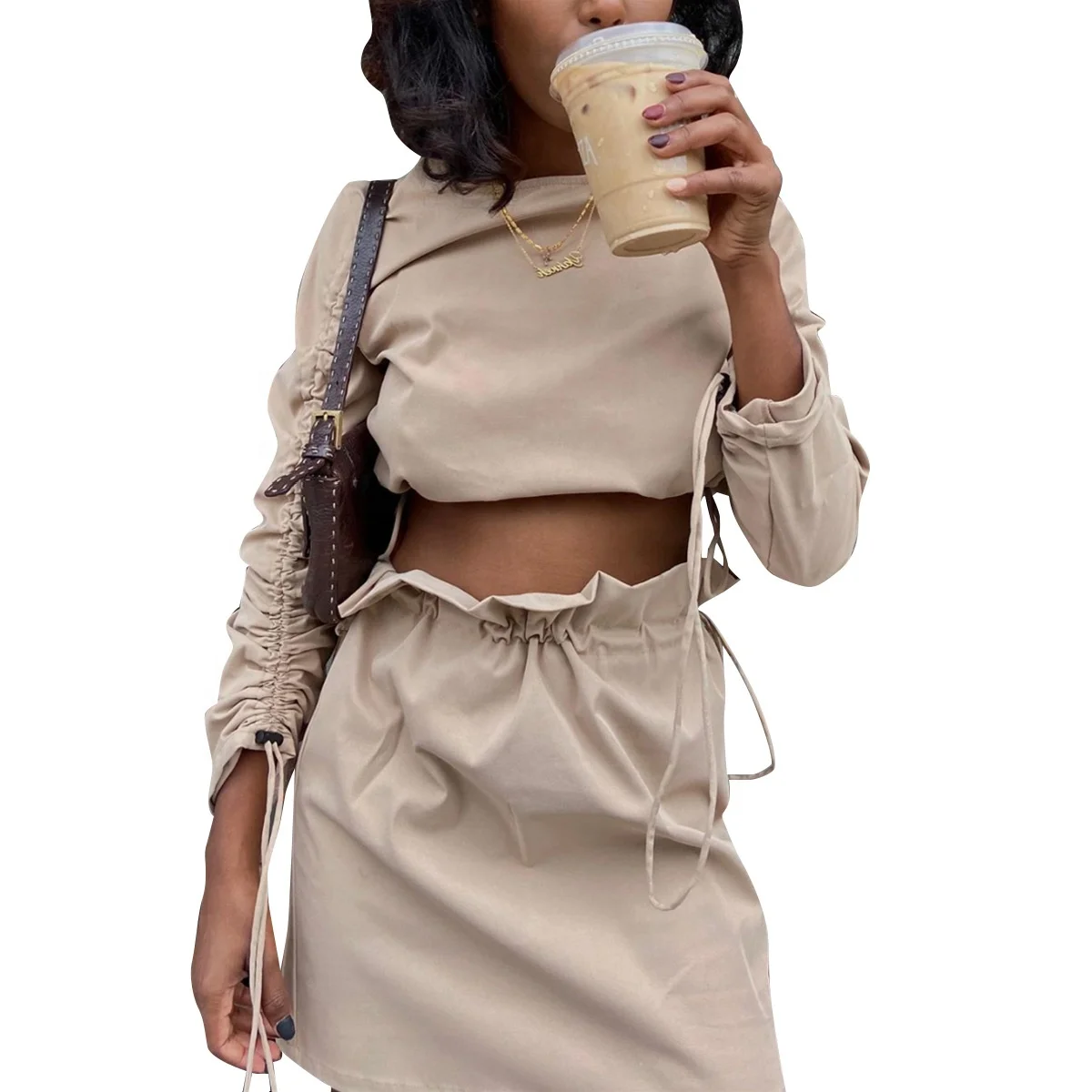 

B63939A European and American women's autumn and winter new design long sleeve sweatshirt skirt set, As picture