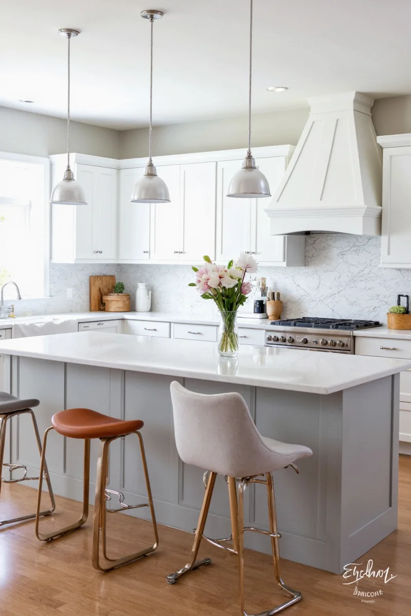 Family cooking together in a white and gray kitchen