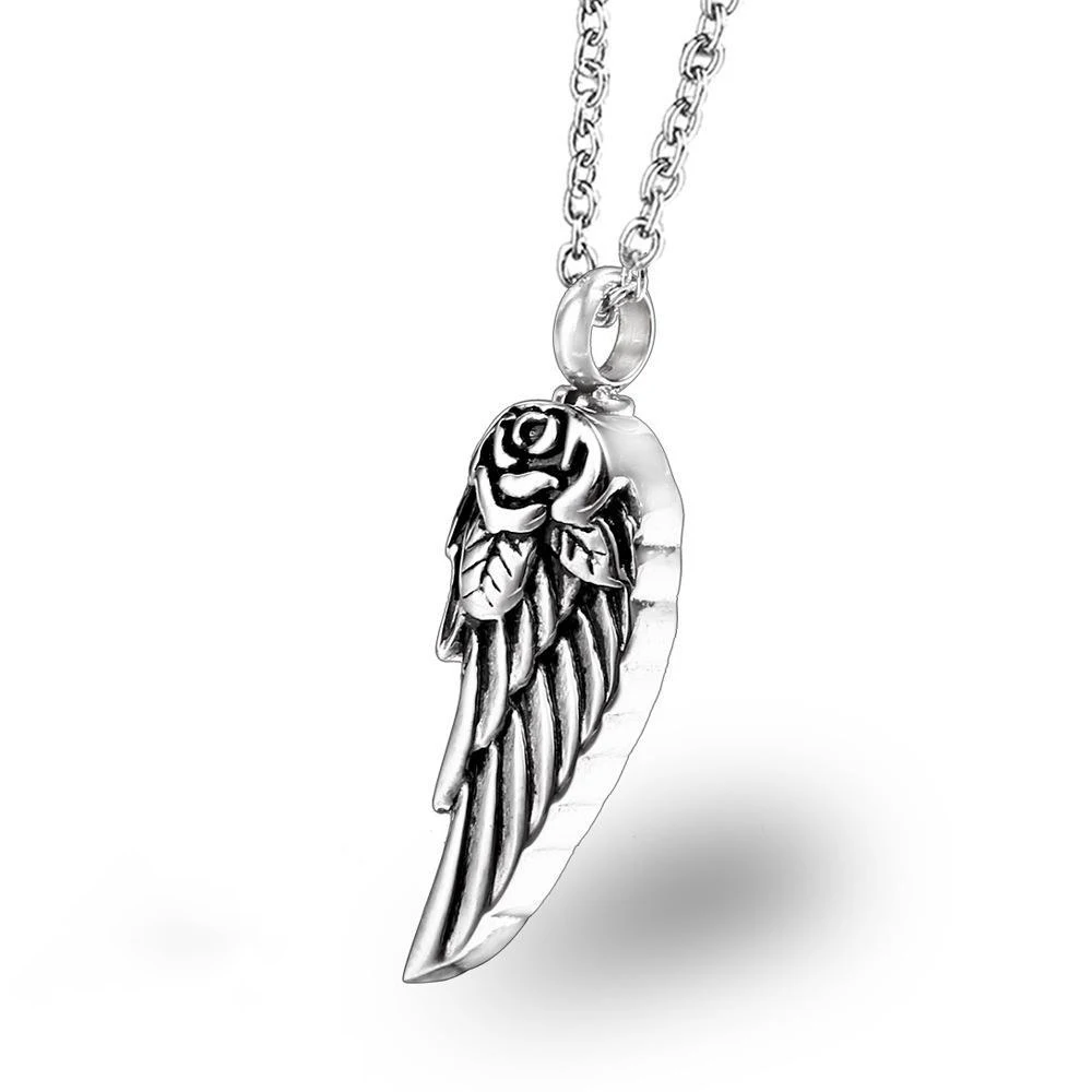 

Fashion cheap keepsake 3D wing shape pet ash jewelry stainless steel pendant wholesale cremation urns, Silver