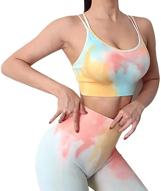 

Women 2 Piece Yoga Bra Top High Waist Leggings Active Wear Outdoor Stretch Elastic Soft Compression Tie Dye Seamless Set, Pink yellow green blue