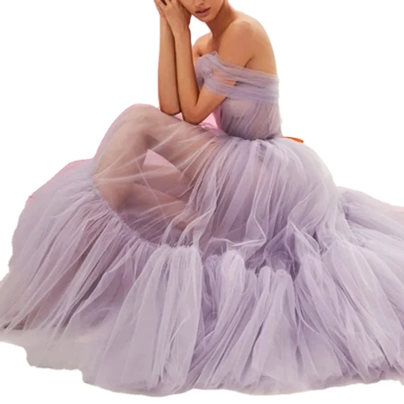 

Ball Gown New Autumn Lady Sexy Tulle One Shoulder Sleeveless Mesh Evening Party Prom Dresses Mid-Length Cocktail Robe, Picture color