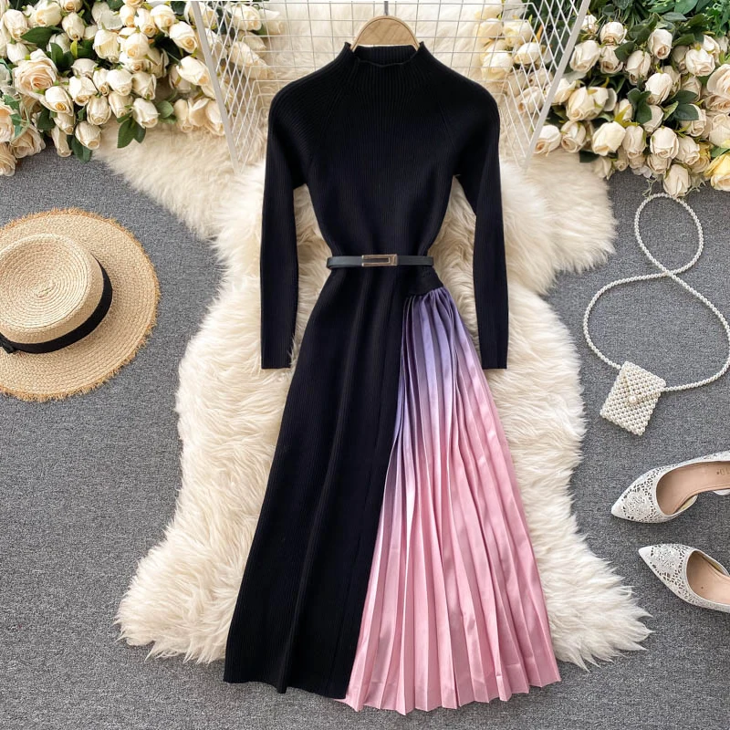 

2021 New Winter Elegant Knit Patchwork Gradient Ramp Ruffled Sweater Dress Women Casual Party Evening Dresses Ladies Clothes, Black,blue