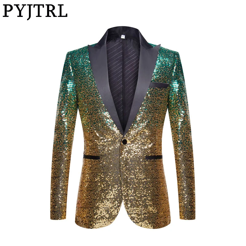 

PYJTRL Men Stylish Gradual Change Gold Green Sequins Suit Jacket Party Wedding Banquet Nightclub Singers Blazer