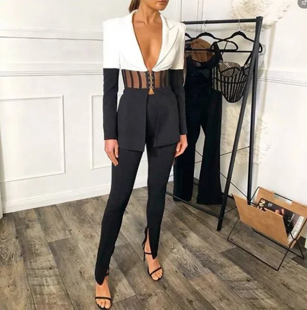 

2021 2 Piece Set Black White Stitching Blazer And Pants Mesh See-through Two Piece Suit Women