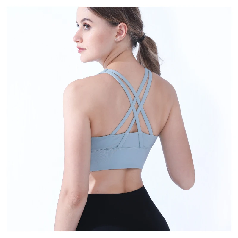 

High Quality Custom Logo Women Cross Shoulder Straps Back Closure Sexy Sports Bra, Customized colors