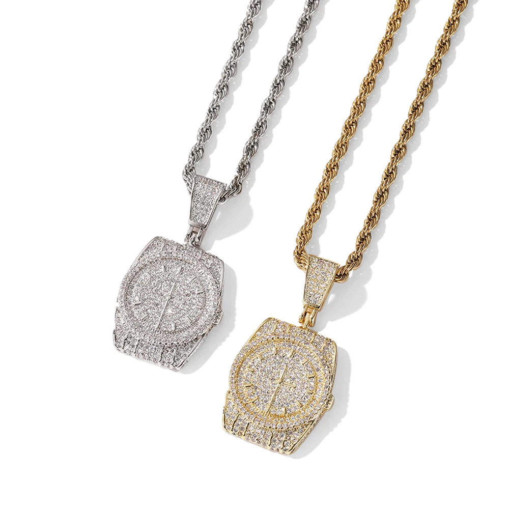 

New Iced Out Bling Full Diamond Watch Dial Pendant Necklace Hip Hop Fashion Jewelry, Picture shows