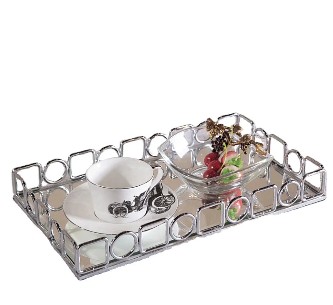 

New Desktop Tea Set Storage Hotel Home Decoration Gold Modern Simplicity Iron Art Mirror Tray Luxury Metal Tray