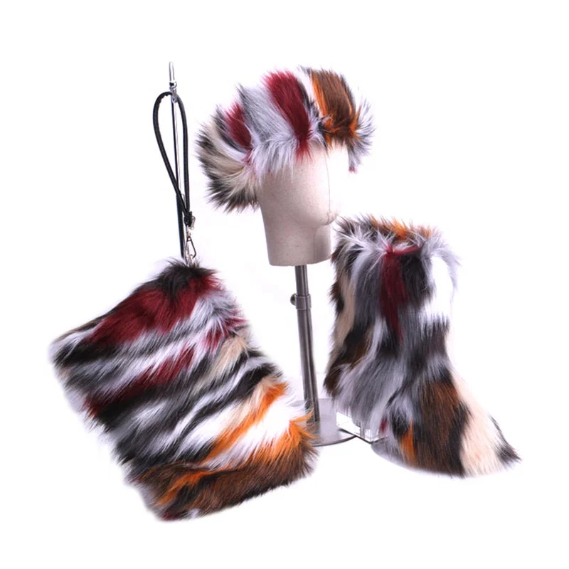 
Winter Fashionable Rainbow Faux Sheep Fox Fur Snow Boots Shoes Sets for Kids and Girls Women with Fur Headband and Purse 