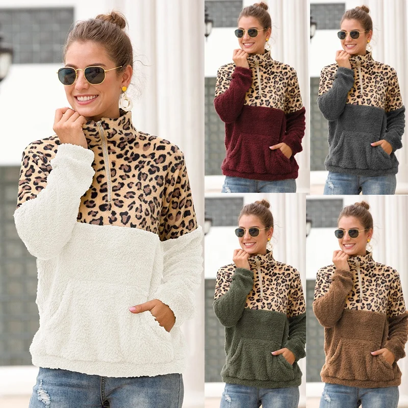 

Wholesale Fall/Winter warm women's sweater splicing tops sherpa half-zip fleece pullover outfits