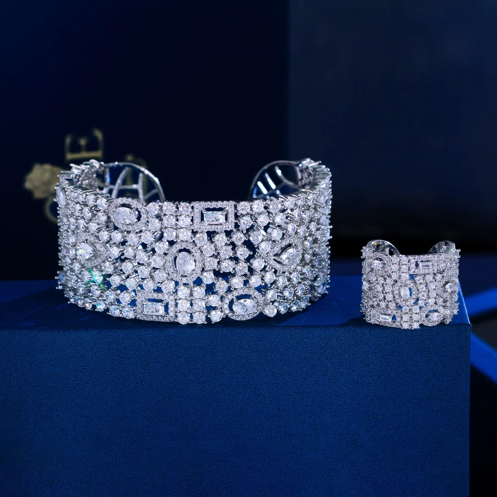 Super Luxury Jewellery White Gold Plated Cubic Zircon Women Big Bangle and Ring Jewelry Set for Wedding Evening Banquet