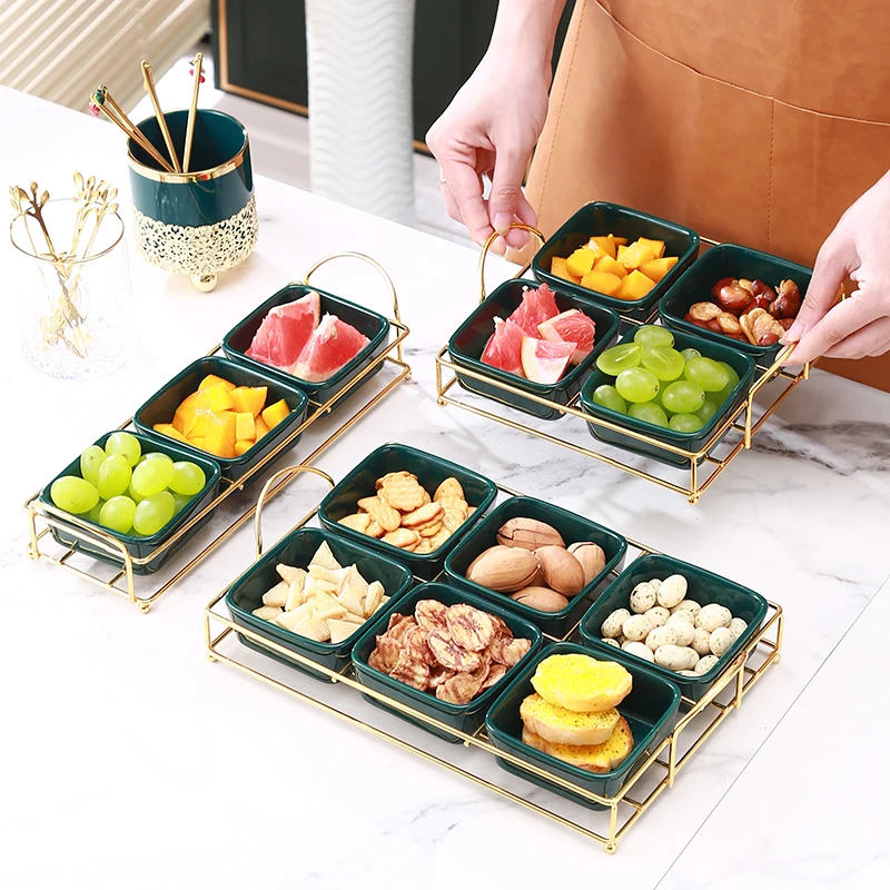 

Nordic Luxury Gold Metal Porcelain Dried Fruit Snack Plate Multi Ceramic Grid Plates Candy Dessert Trays Afternoon Tea Dishes, White,dark green