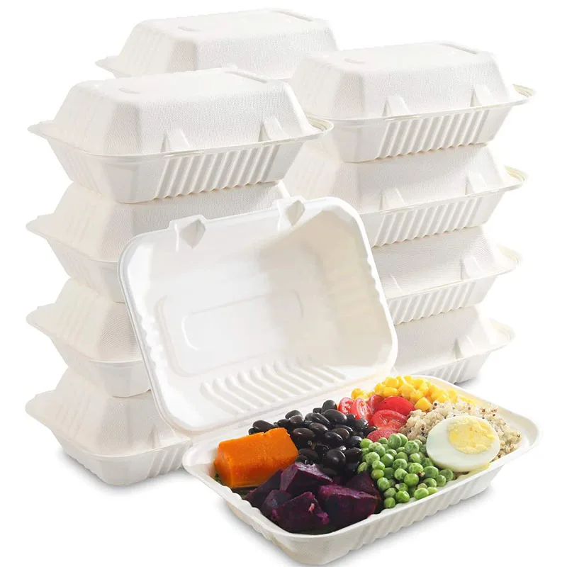 

Bagasse Fiber Biodegradable Containers with Lids for Takeout Parties & Holidays 1-Compartment Boxes 9"x6" White, Natural