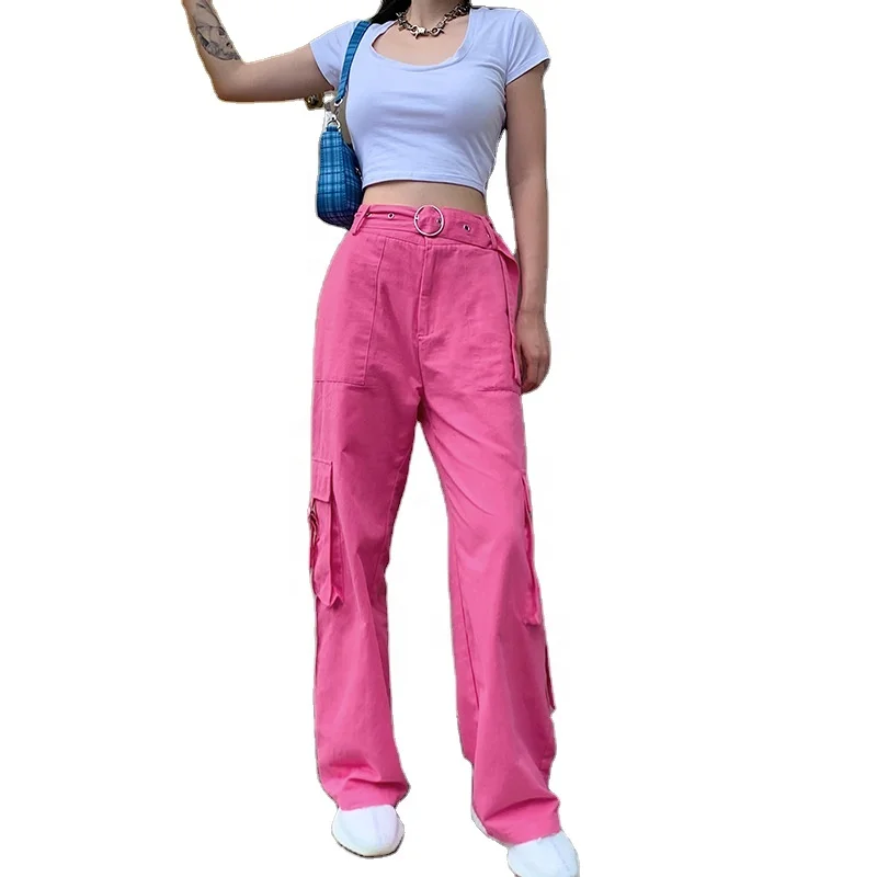 

2020 street snap female clothing new belt high waist straight casual women pants and trousers ladies cotton work trousers, Pink