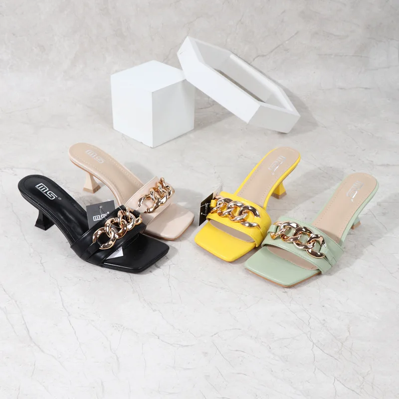 

2021 New Summer Slip On Slides Gold Metal Chains Heels Sandals For Women