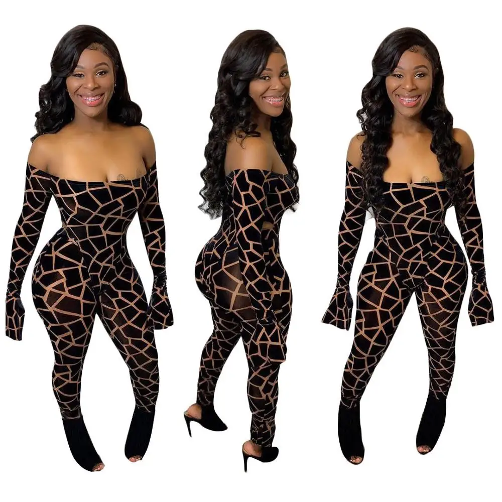91129-MX4 sexy strapless print ruffles sleeve jumpsuits women sehe fashion