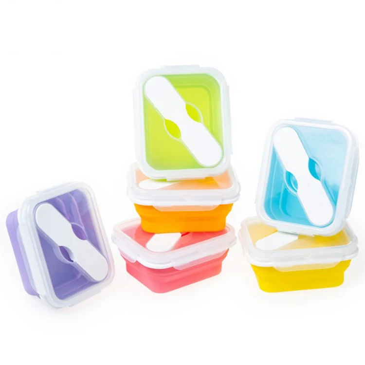 

Foldable silicone storage container Portable Thermal insulation lunch box silicone With Fork, Yellow/pink/orange /green /blue/purple