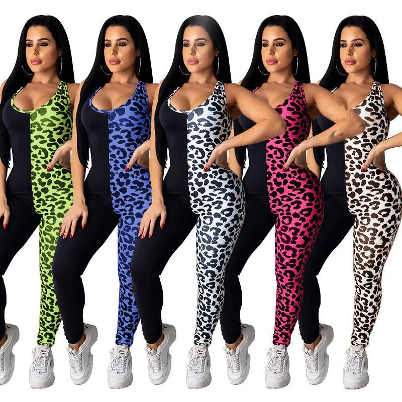 

WW-1048 Leopard Print Color Matching Vest Jumpsuits Women Movement Leopard Top Stacked Trouser Pant Jumpsuit, Customized color