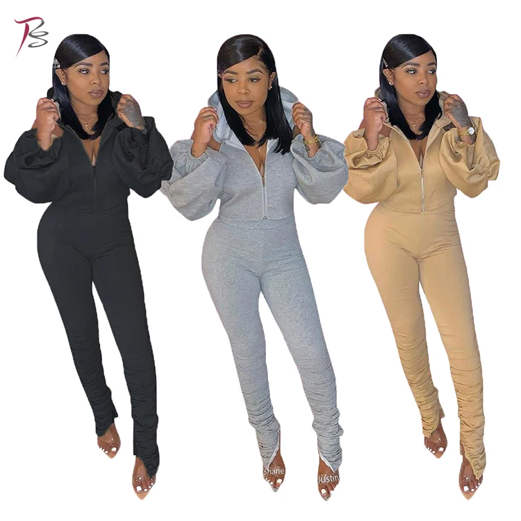 

Hot Split puff sleeve open back hooded sports pleated trousers fold pants sexy two piece sets women, Customized color