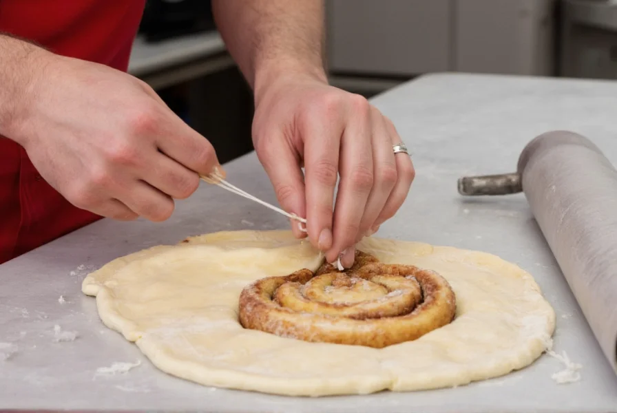 Professional baker cutting cinnamon roll dough with dental floss for clean slices without compression