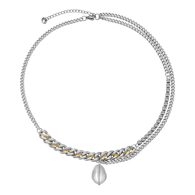 

New Trendy 18K Gold Plated Stainless Steel Jewelry Double Link Zircon Crystal Chain Glass Bead Pendant Necklace P213264