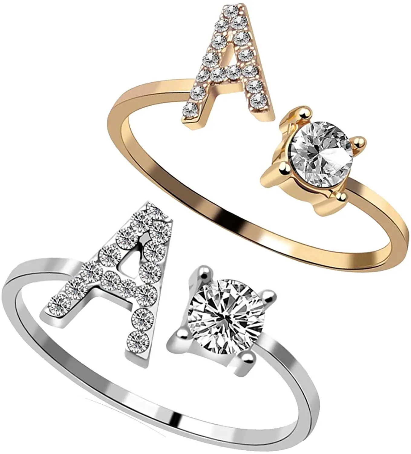 

Women Girls Gift A-Z Silver and Gold Crystal Zircon Stackable 26 Alphabet Initial Letter Knuckle Adjustable Ring Set