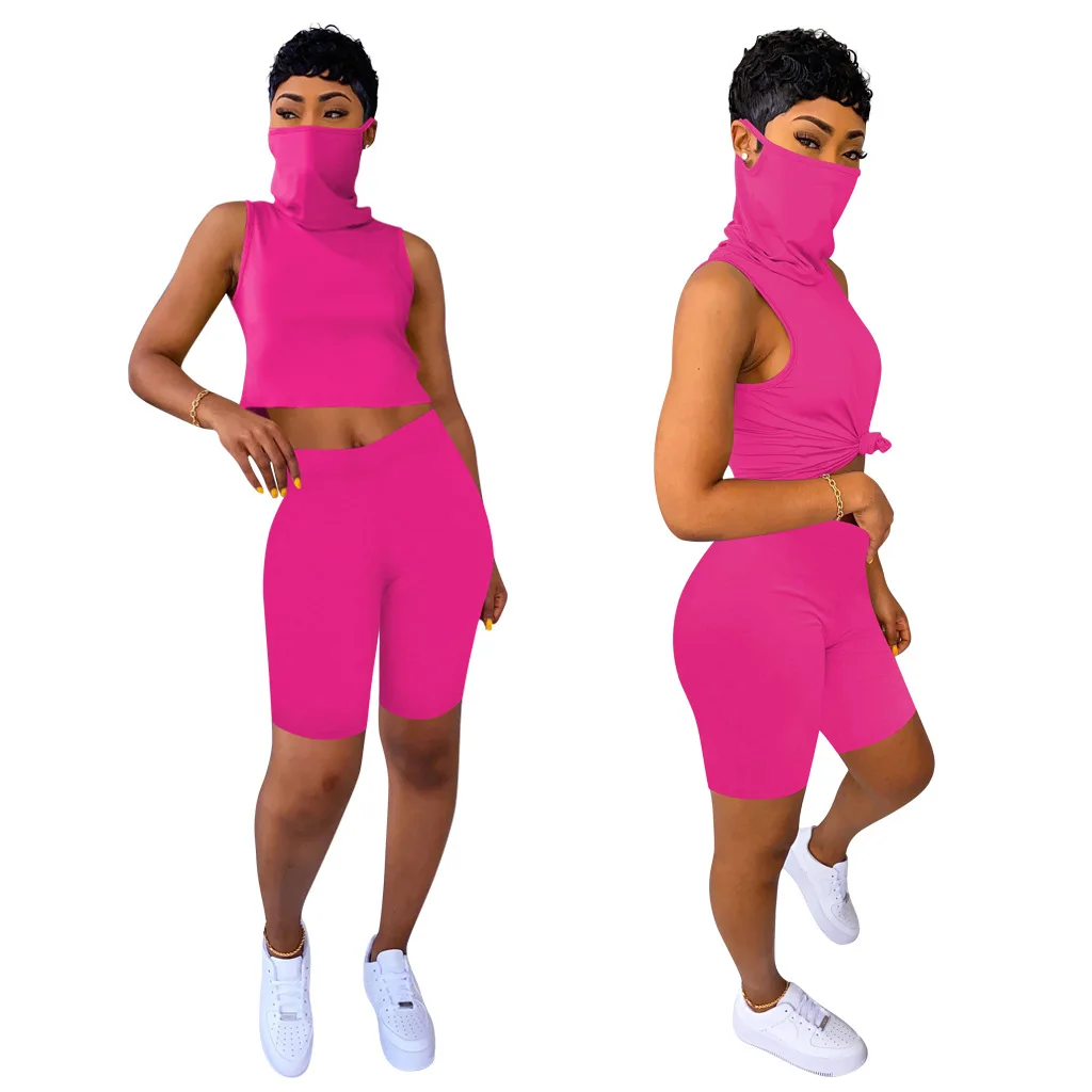 

New Fashion Fashion Solid Color 2 Piece Set cotton veil Sleeveless T Shorts Suit Female Casual Outfits, Picture shows